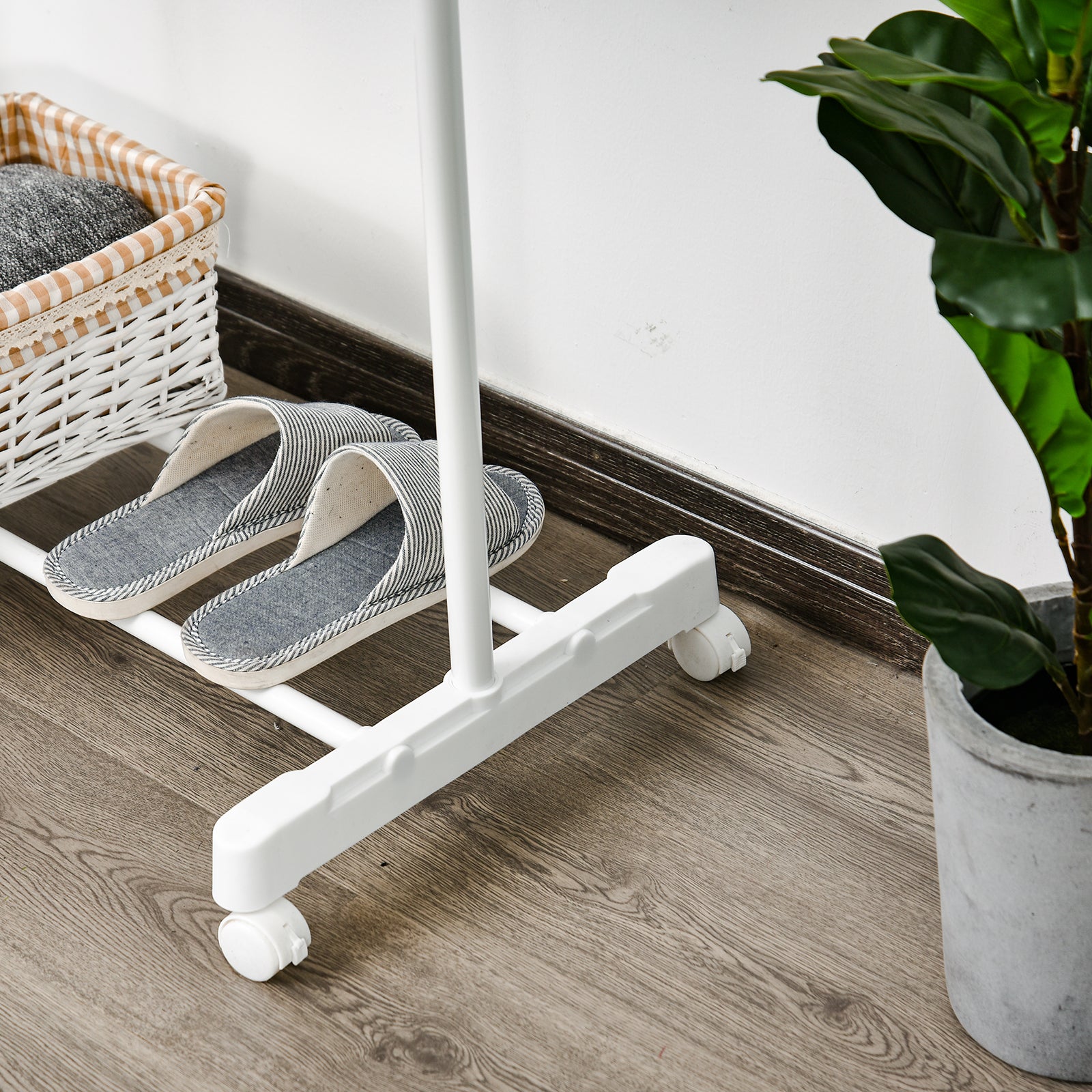 Standard Garment Rack with Adjustable Height Bar and Bottom Shelf on Wheels Stainless Steel Pipe 68.5x42x87-145 cm White Silver