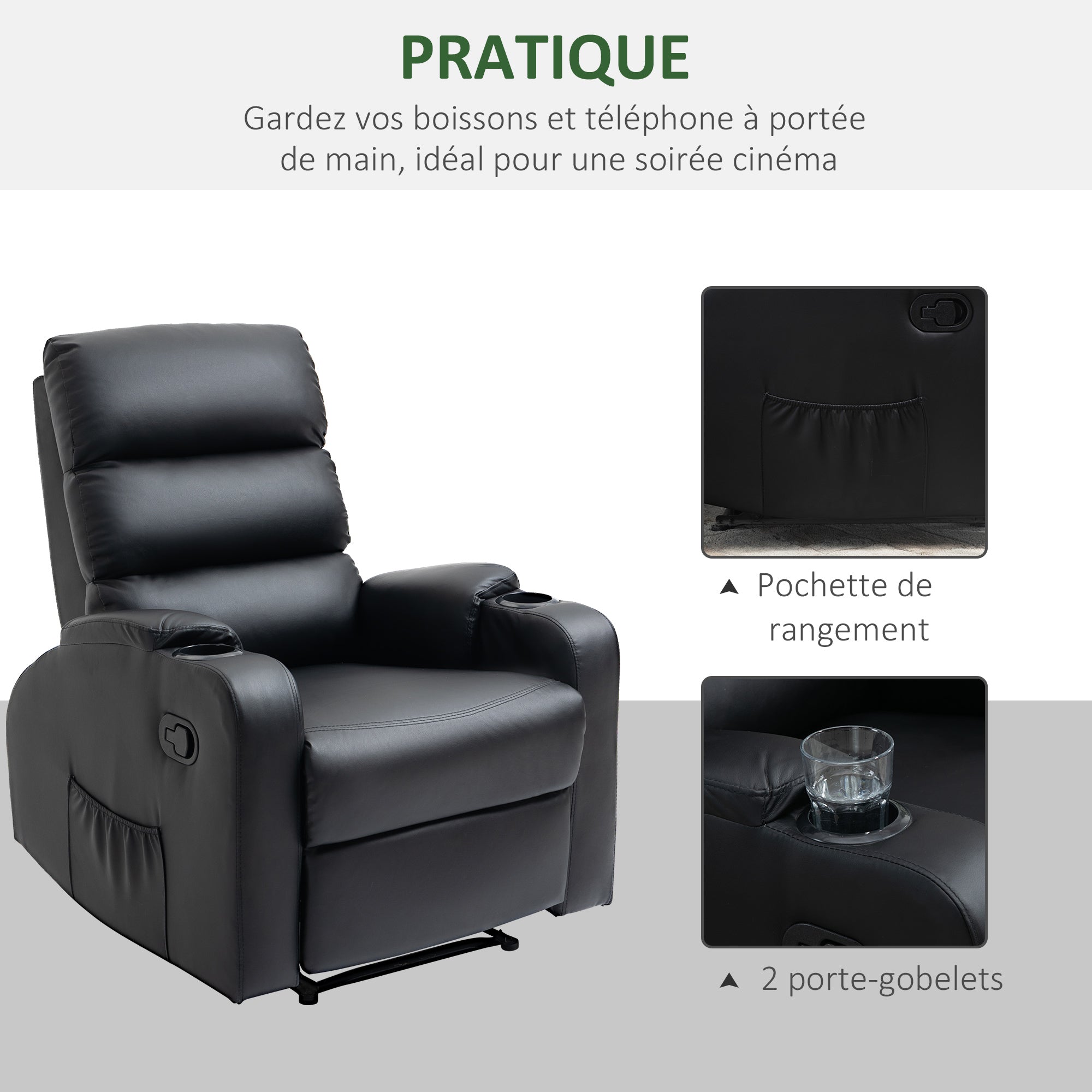 Reclining Relaxation Chair with Adjustable Footrest Synthetic Leather Upholstery Black