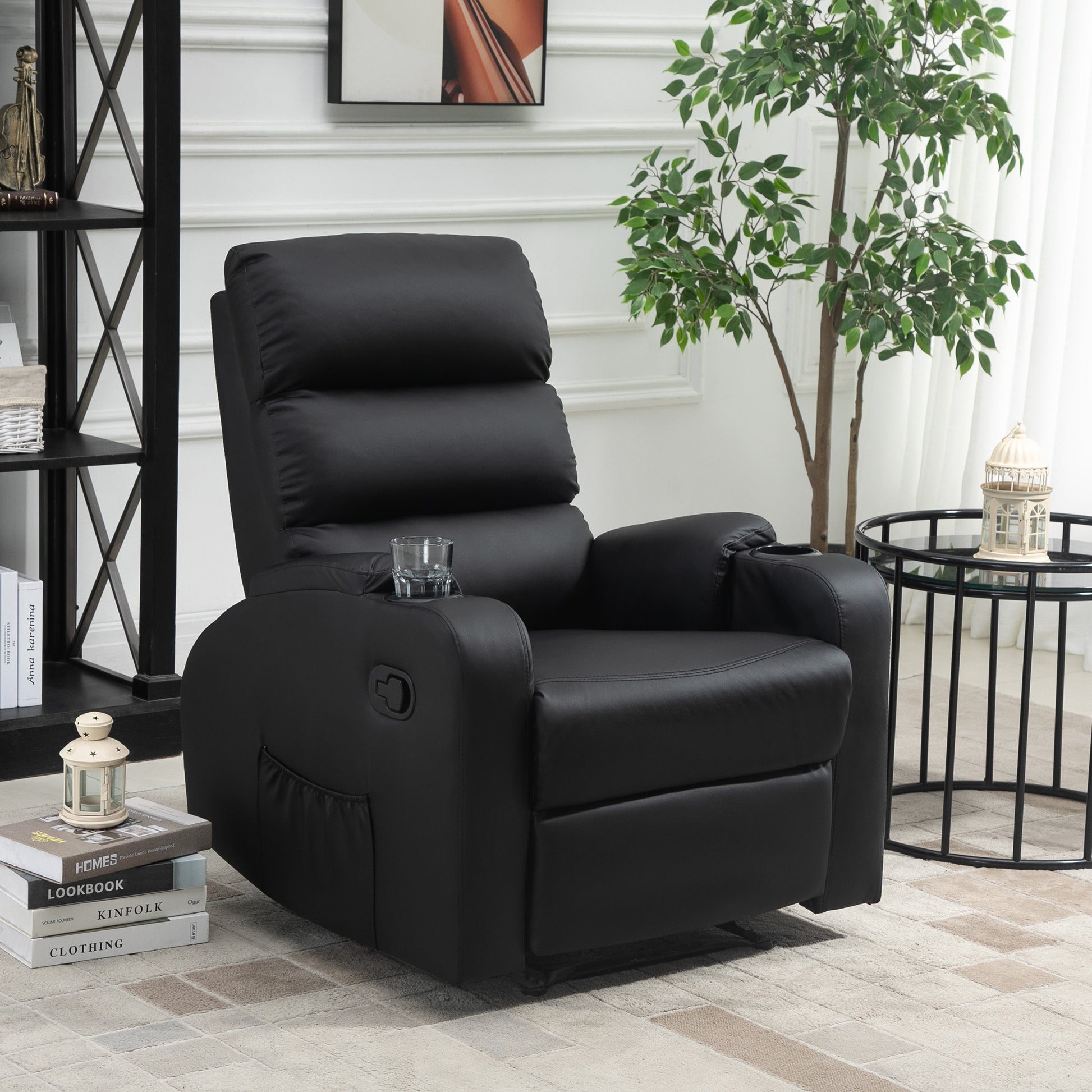 Reclining Relaxation Chair with Adjustable Footrest Synthetic Leather Upholstery Black