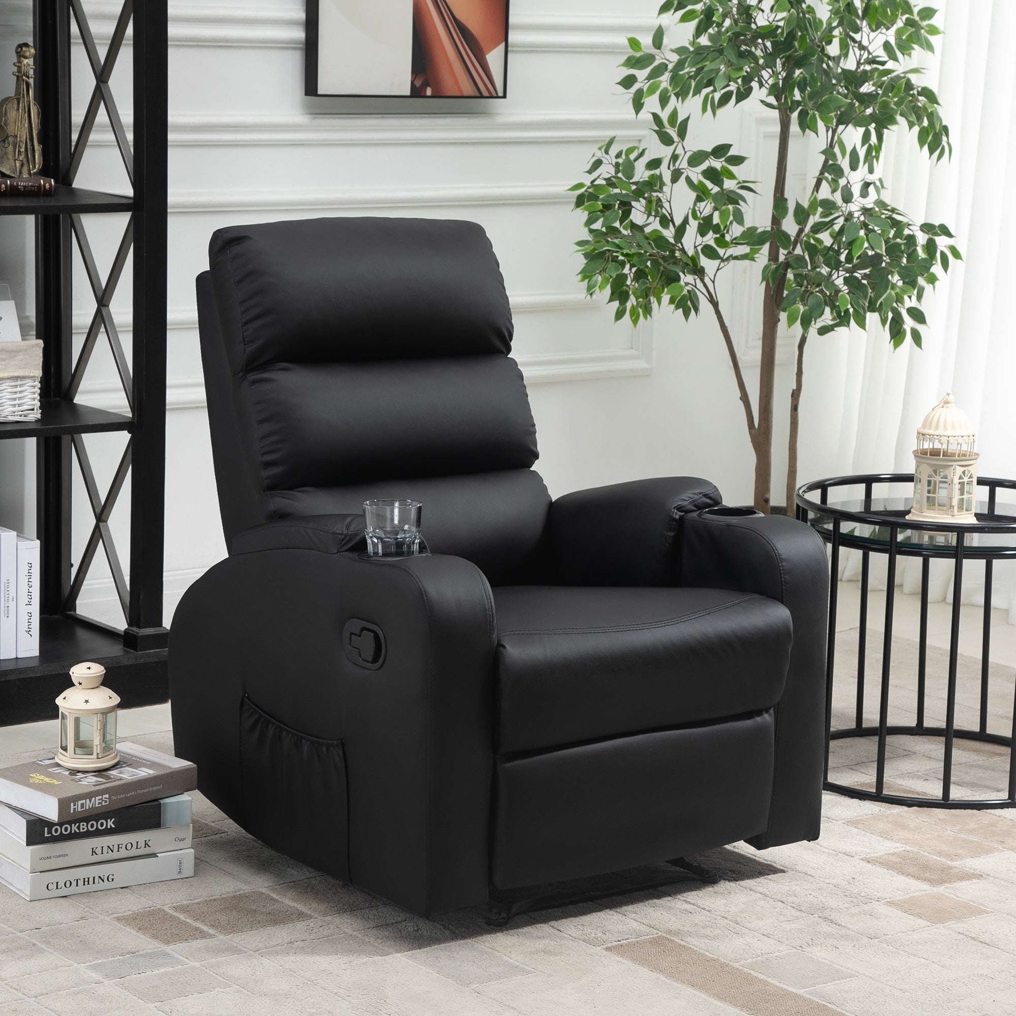 Reclining Relaxation Chair with Adjustable Footrest Synthetic Leather Upholstery Black