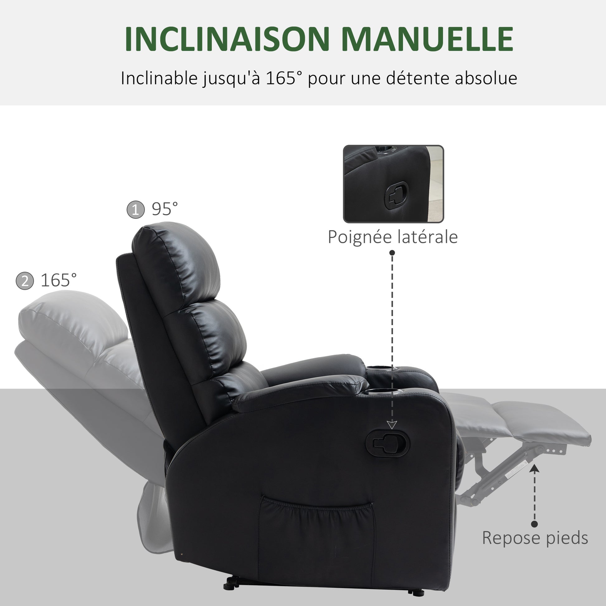 Reclining Relaxation Chair with Adjustable Footrest Synthetic Leather Upholstery Black