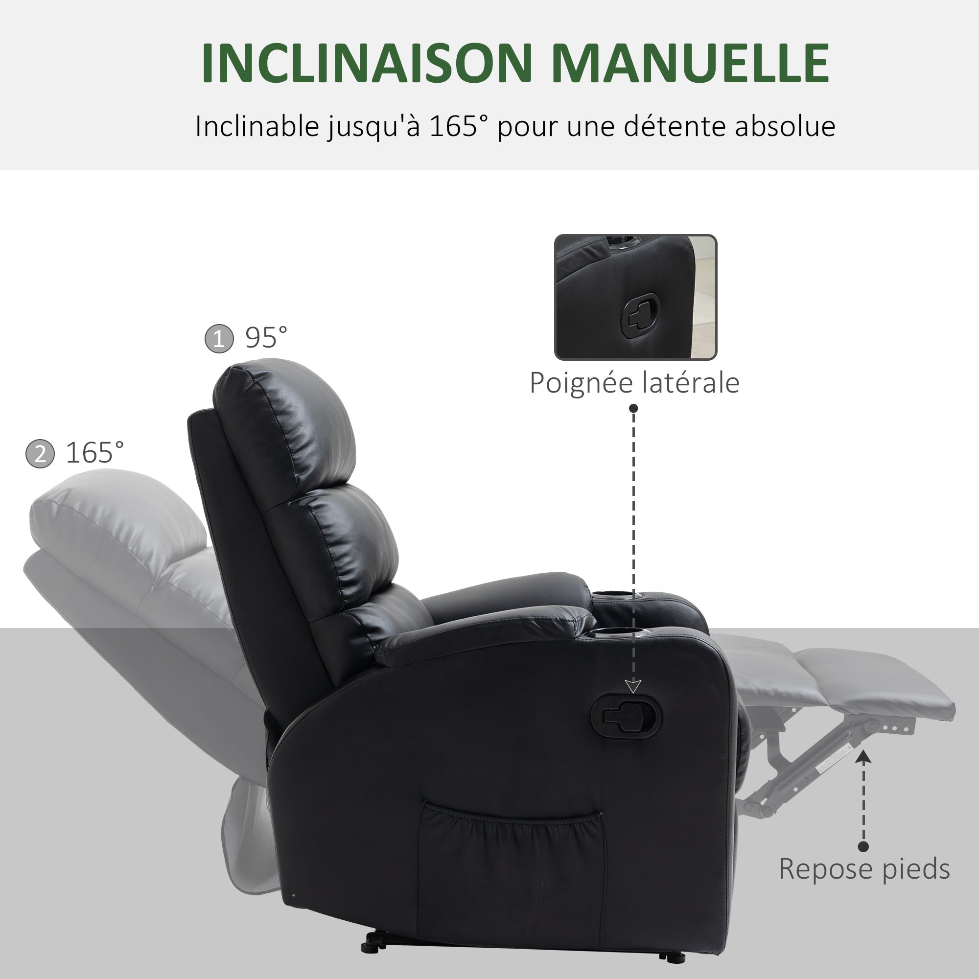 Reclining Relaxation Chair with Adjustable Footrest Synthetic Leather Upholstery Black