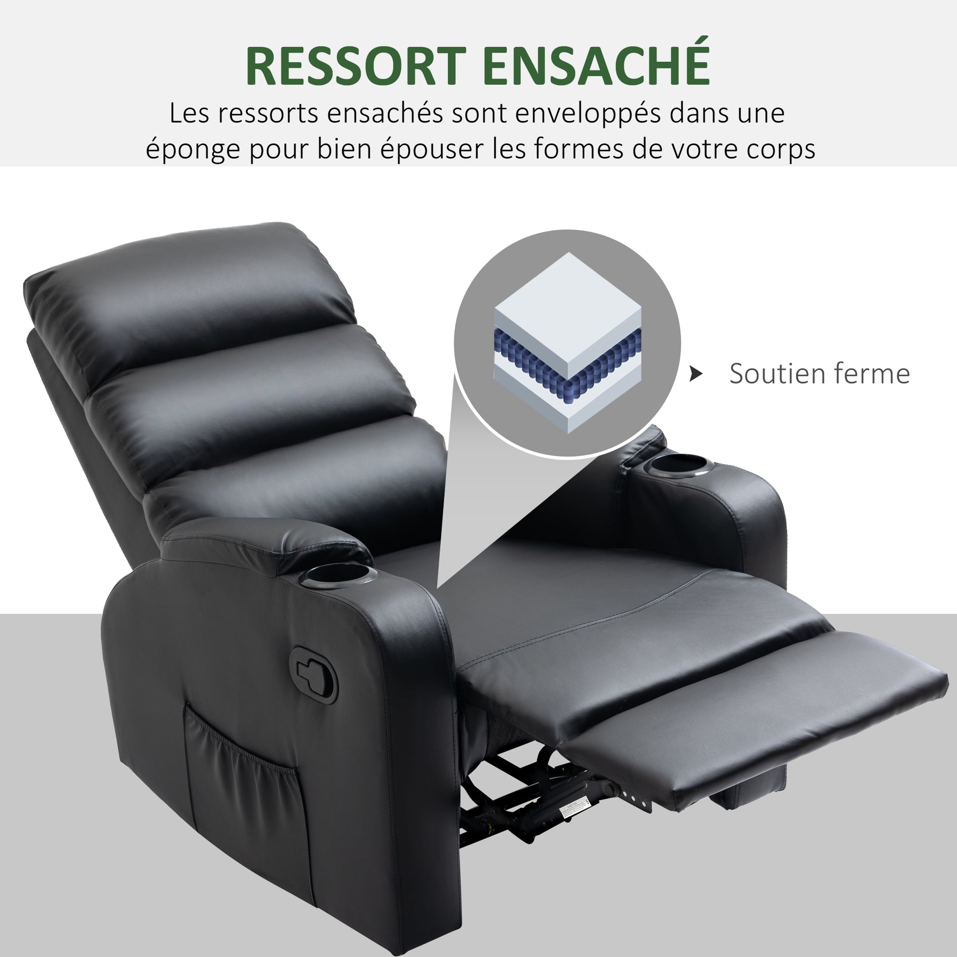 Reclining Relaxation Chair with Adjustable Footrest Synthetic Leather Upholstery Black