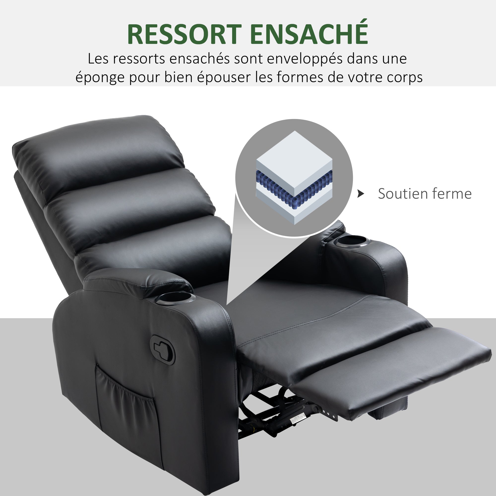 Reclining Relaxation Chair with Adjustable Footrest Synthetic Leather Upholstery Black