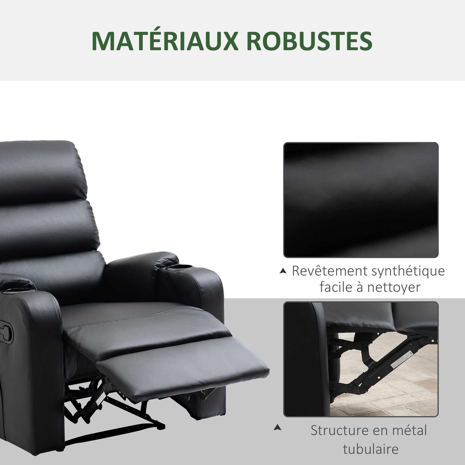 Reclining Relaxation Chair with Adjustable Footrest Synthetic Leather Upholstery Black