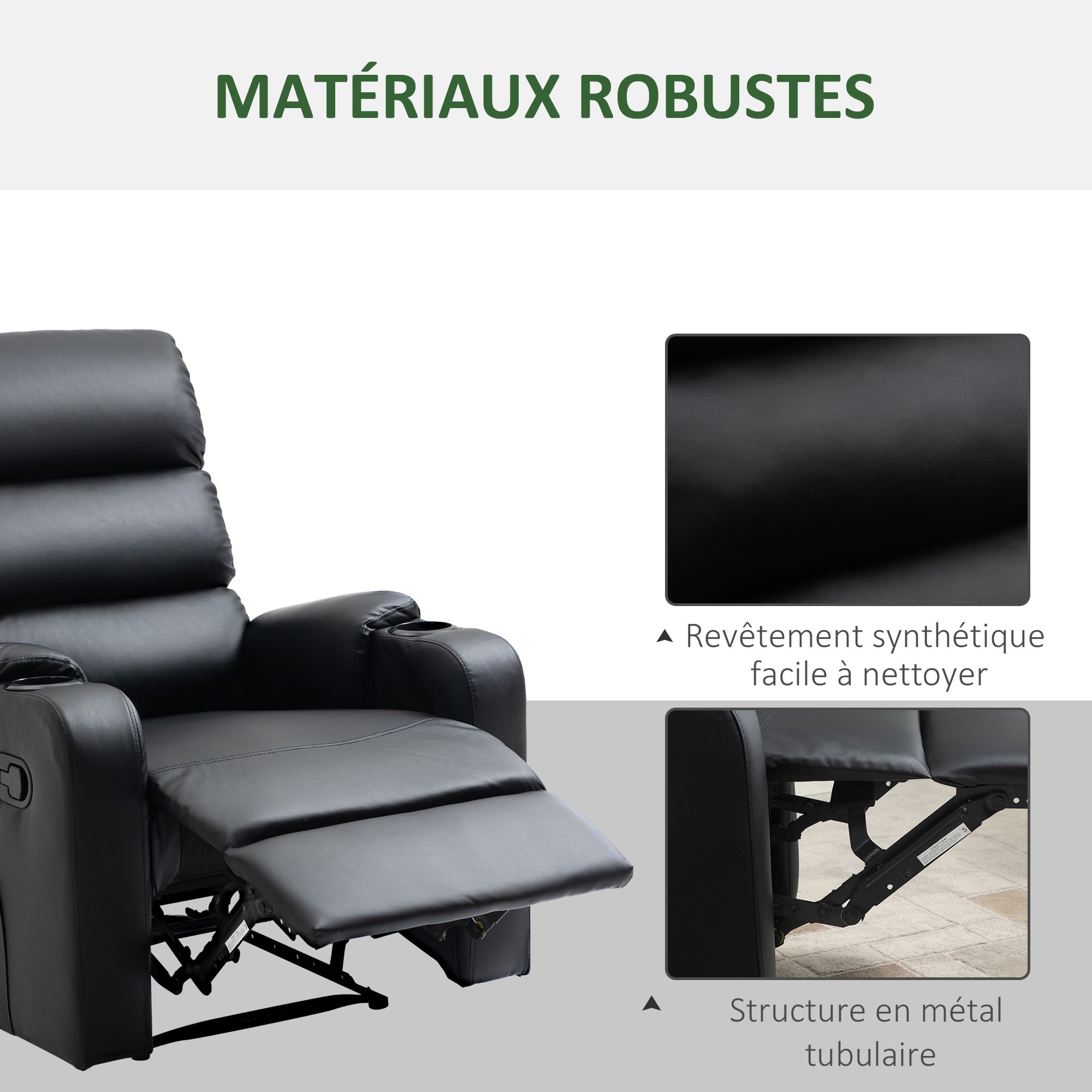 Reclining Relaxation Chair with Adjustable Footrest Synthetic Leather Upholstery Black