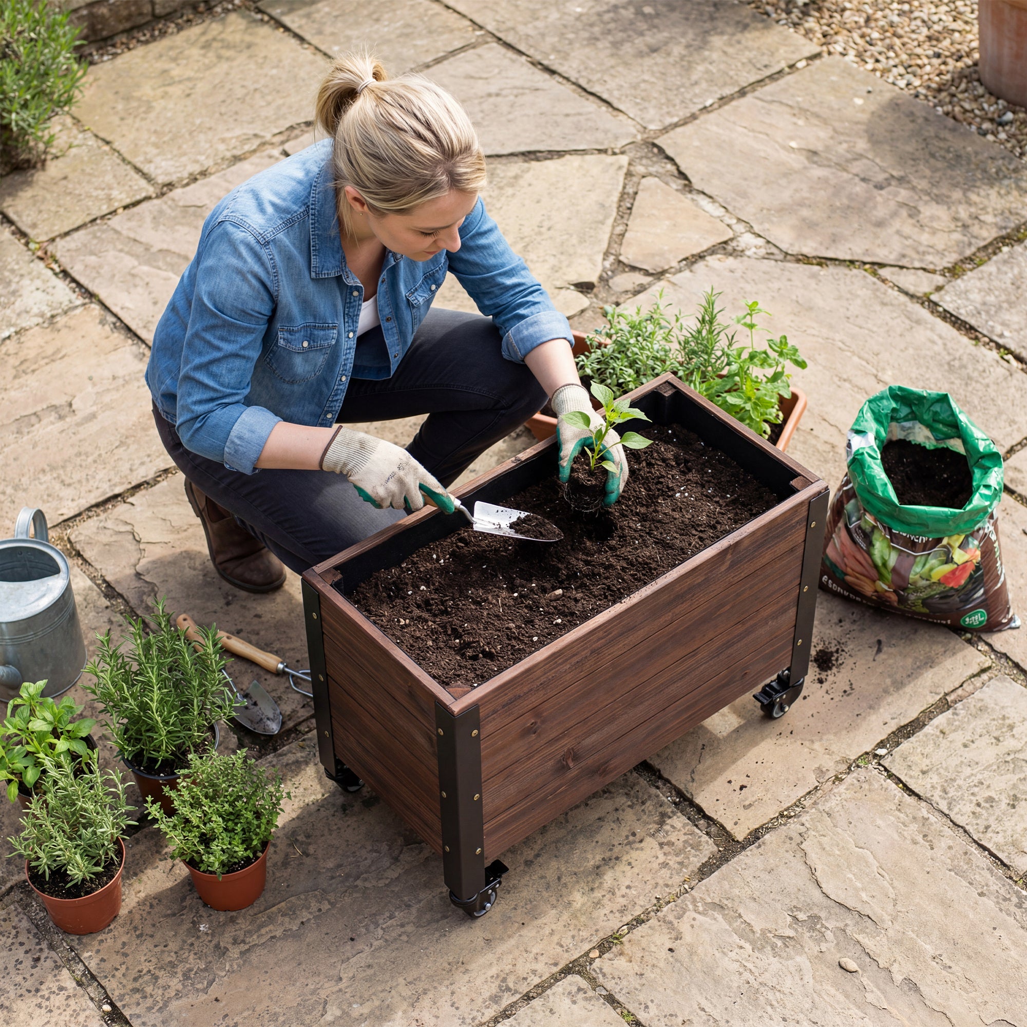 Elevated Wooden Planter with Wheels, Rectangular Raised Garden Bed for Herbs & Vegetables, 23.6 x 11.8 x 16.1 in (60 x 30 x 41 cm), Dark Brown