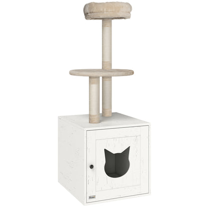 Cat Tree with Toilet House, 2-in-1 Play Tower, Cat Bed with Litter Box Enclosure, Scratching Posts, Platform, Bed, Cream