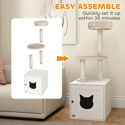 Cat Tree with Toilet House, 2-in-1 Play Tower, Cat Bed with Litter Box Enclosure, Scratching Posts, Platform, Bed, Cream