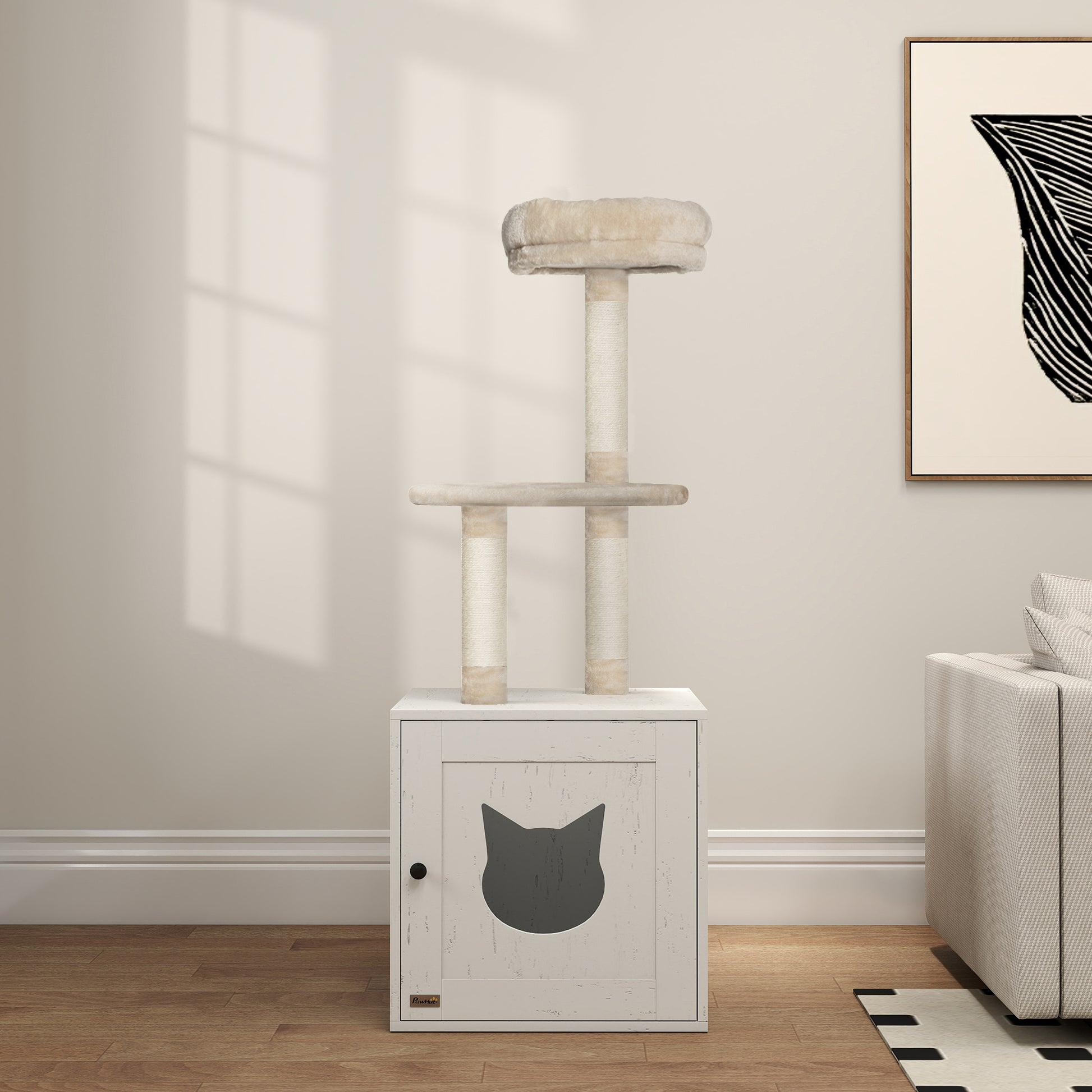 Cat Tree with Toilet House, 2-in-1 Play Tower, Cat Bed with Litter Box Enclosure, Scratching Posts, Platform, Bed, Cream