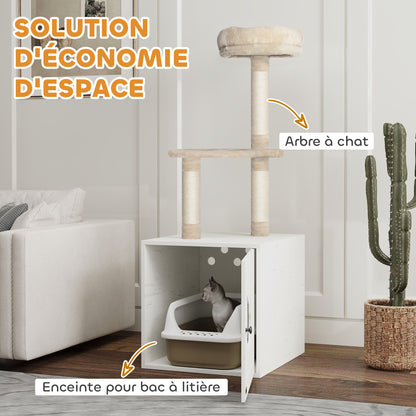 Cat Tree with Toilet House, 2-in-1 Play Tower, Cat Bed with Litter Box Enclosure, Scratching Posts, Platform, Bed, Cream