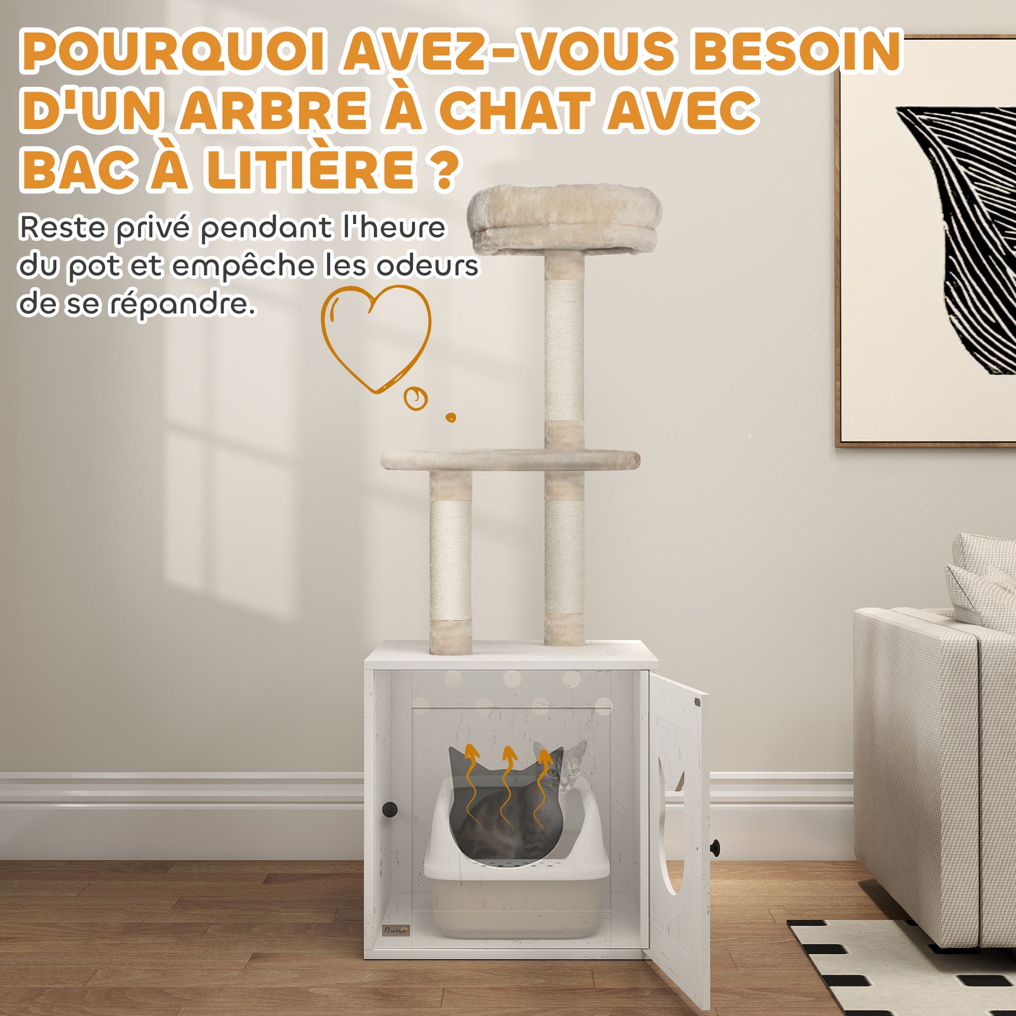 Cat Tree with Toilet House, 2-in-1 Play Tower, Cat Bed with Litter Box Enclosure, Scratching Posts, Platform, Bed, Cream