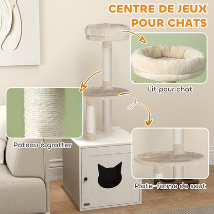 Cat Tree with Toilet House, 2-in-1 Play Tower, Cat Bed with Litter Box Enclosure, Scratching Posts, Platform, Bed, Cream