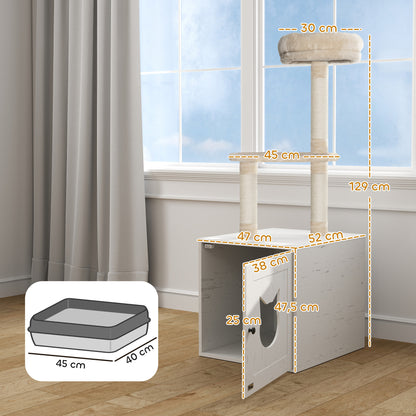 Cat Tree with Toilet House, 2-in-1 Play Tower, Cat Bed with Litter Box Enclosure, Scratching Posts, Platform, Bed, Cream