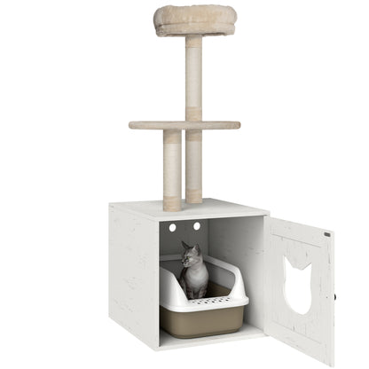 Cat Tree with Toilet House, 2-in-1 Play Tower, Cat Bed with Litter Box Enclosure, Scratching Posts, Platform, Bed, Cream