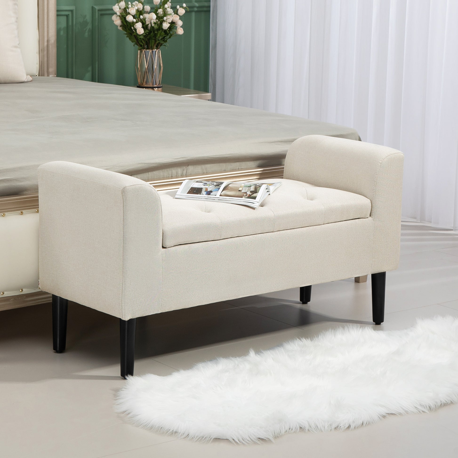 Upholstered Storage Bench with Armrests, Storage Bench for Bedroom, Entryway, Living Room, Load 130 Kg 116 x 44 x 58 cm Beige