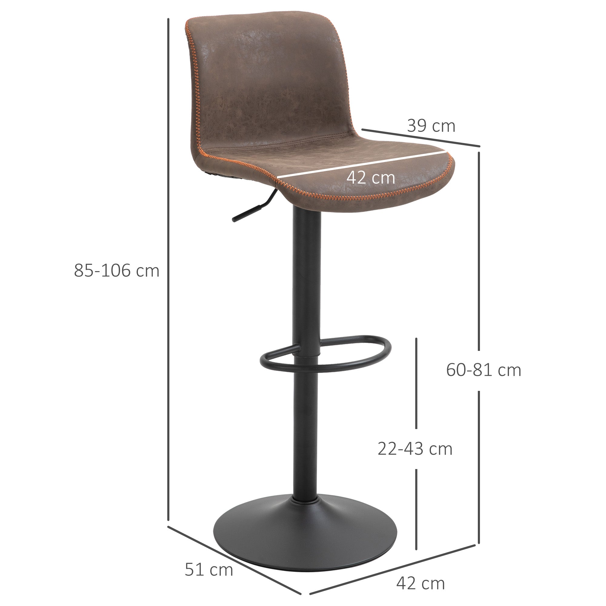 Set of 2 Vintage Bar Stools with Adjustable Swivel PU Brown with Orange Stitching Footrest