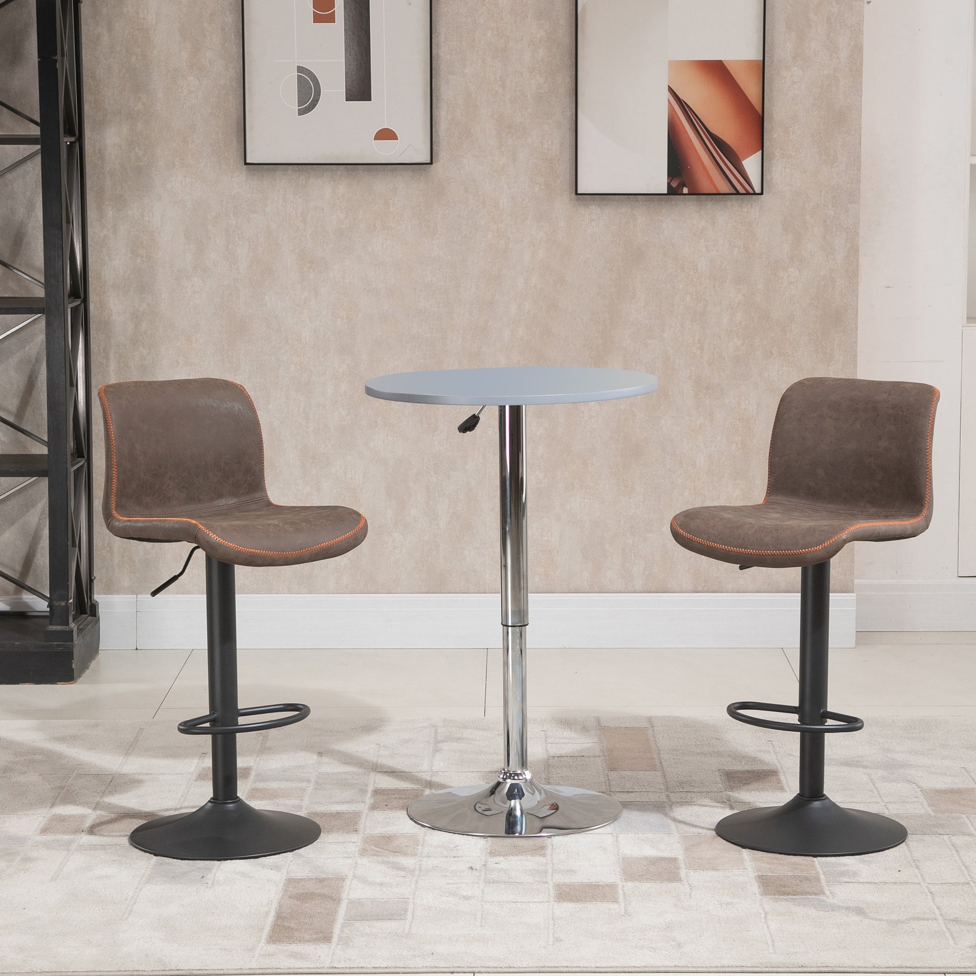 Set of 2 Vintage Bar Stools with Adjustable Swivel PU Brown with Orange Stitching Footrest