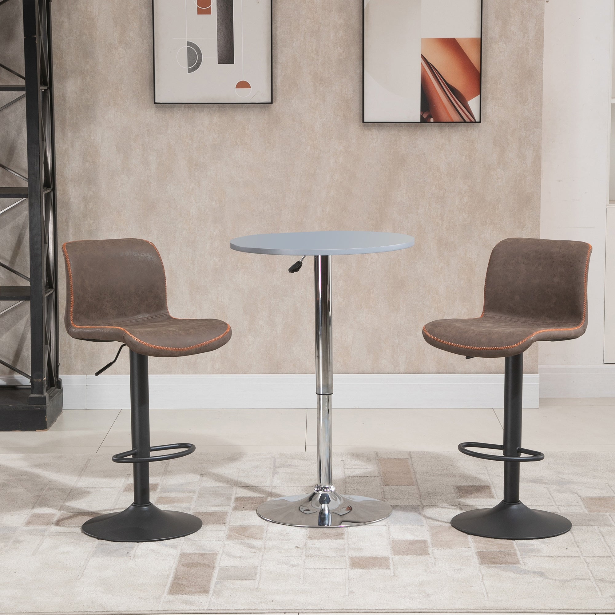 Set of 2 Vintage Bar Stools with Adjustable Swivel PU Brown with Orange Stitching Footrest
