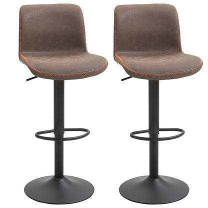 Set of 2 Vintage Bar Stools with Adjustable Swivel PU Brown with Orange Stitching Footrest