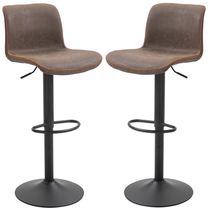 Set of 2 Vintage Bar Stools with Adjustable Swivel PU Brown with Orange Stitching Footrest