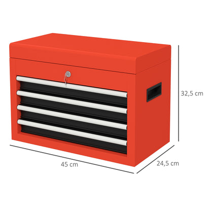 Tool Chest, Tool Box, Tool Box without Tools, Tool Chest with 4 Drawers, Lock, Steel, Red, 45 x 24.5 x 32.5 cm