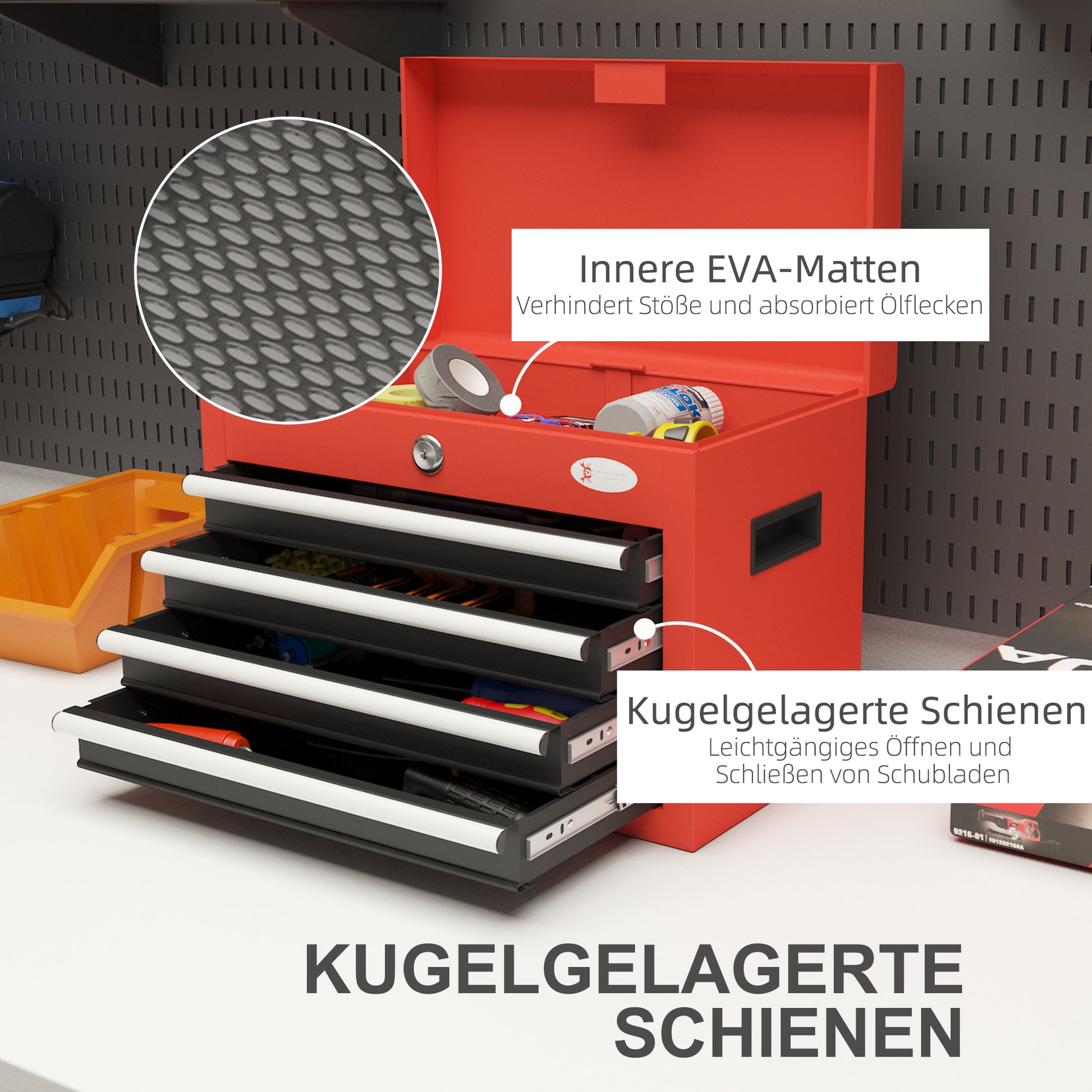 Tool Chest, Tool Box, Tool Box without Tools, Tool Chest with 4 Drawers, Lock, Steel, Red, 45 x 24.5 x 32.5 cm