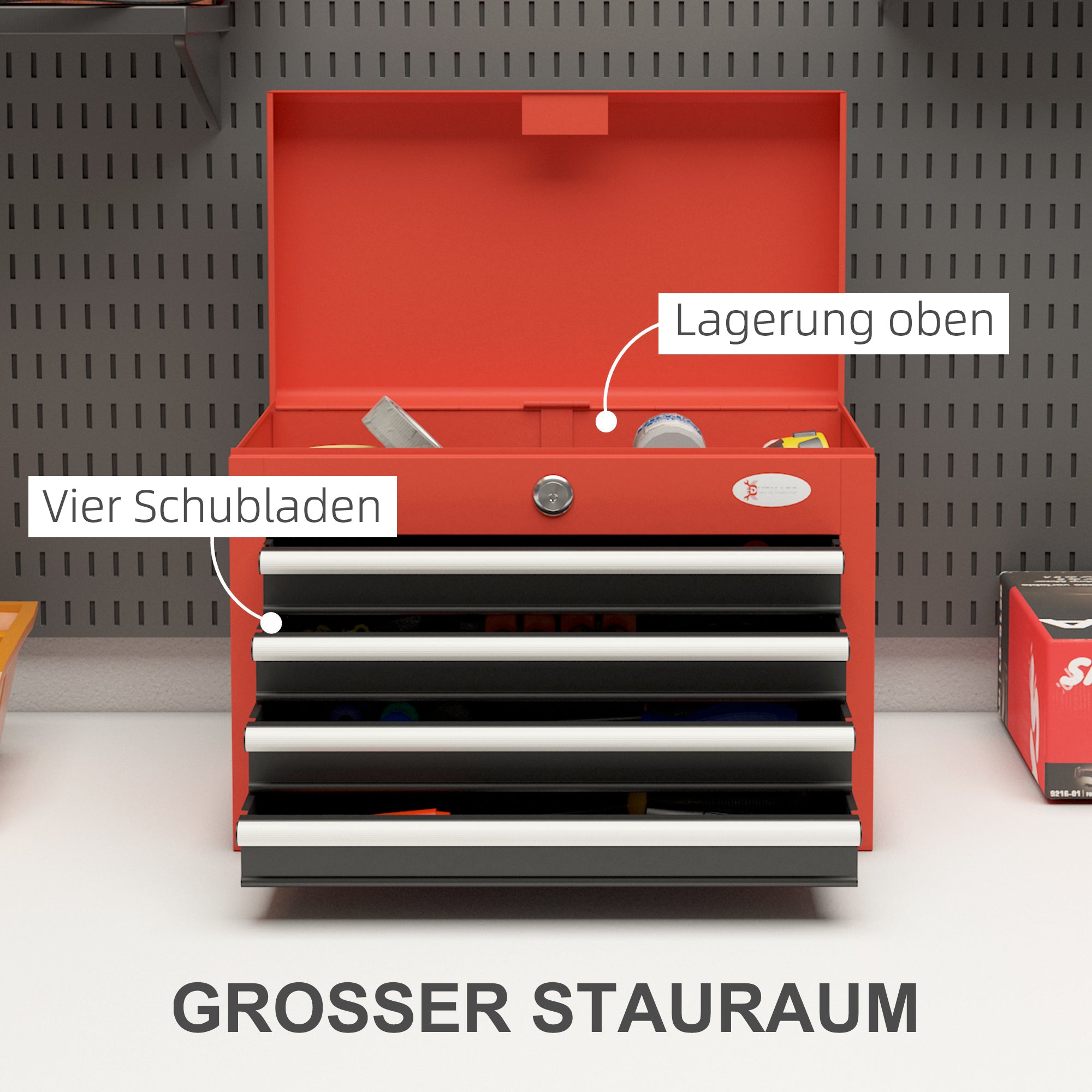 Tool Chest, Tool Box, Tool Box without Tools, Tool Chest with 4 Drawers, Lock, Steel, Red, 45 x 24.5 x 32.5 cm