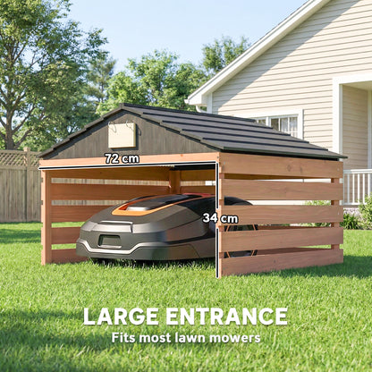 Wooden Robot Mower Garage with Gable Roof — Weatherproof Spruce Shelter for Robotic Lawn Mowers, 79 x 74 x 54 cm (31.1 x 29.1 x 21.3 in), Red-Brown
