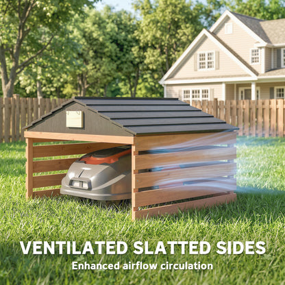 Wooden Robot Mower Garage with Gable Roof — Weatherproof Spruce Shelter for Robotic Lawn Mowers, 79 x 74 x 54 cm (31.1 x 29.1 x 21.3 in), Red-Brown