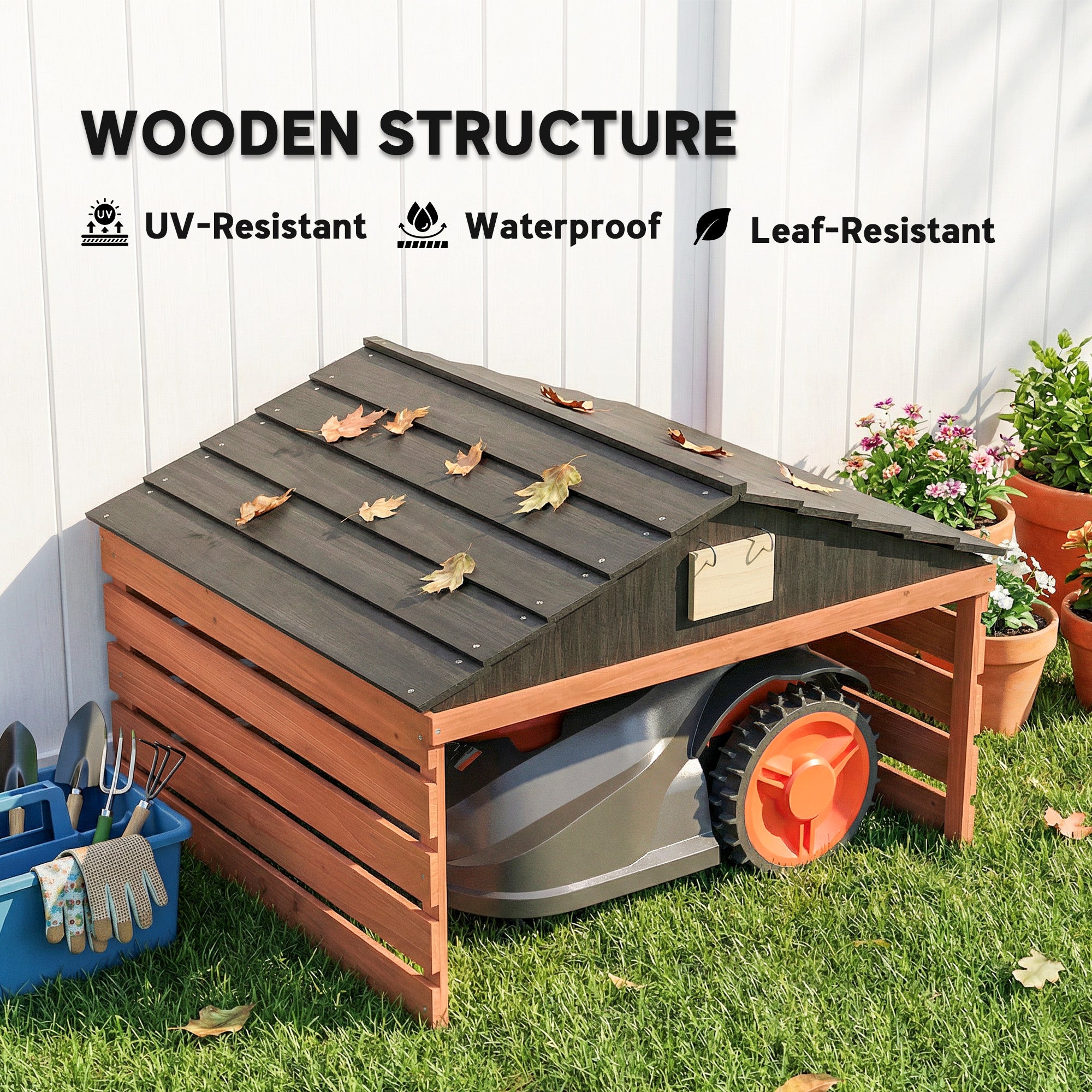 Wooden Robot Mower Garage with Gable Roof — Weatherproof Spruce Shelter for Robotic Lawn Mowers, 79 x 74 x 54 cm (31.1 x 29.1 x 21.3 in), Red-Brown