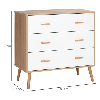 Wooden Chest of Drawers with 3 Drawers Tall Dresser Storage Cabinet Modern with Raised Legs for Bedroom Living Room 80x39x80 cm White and Natural
