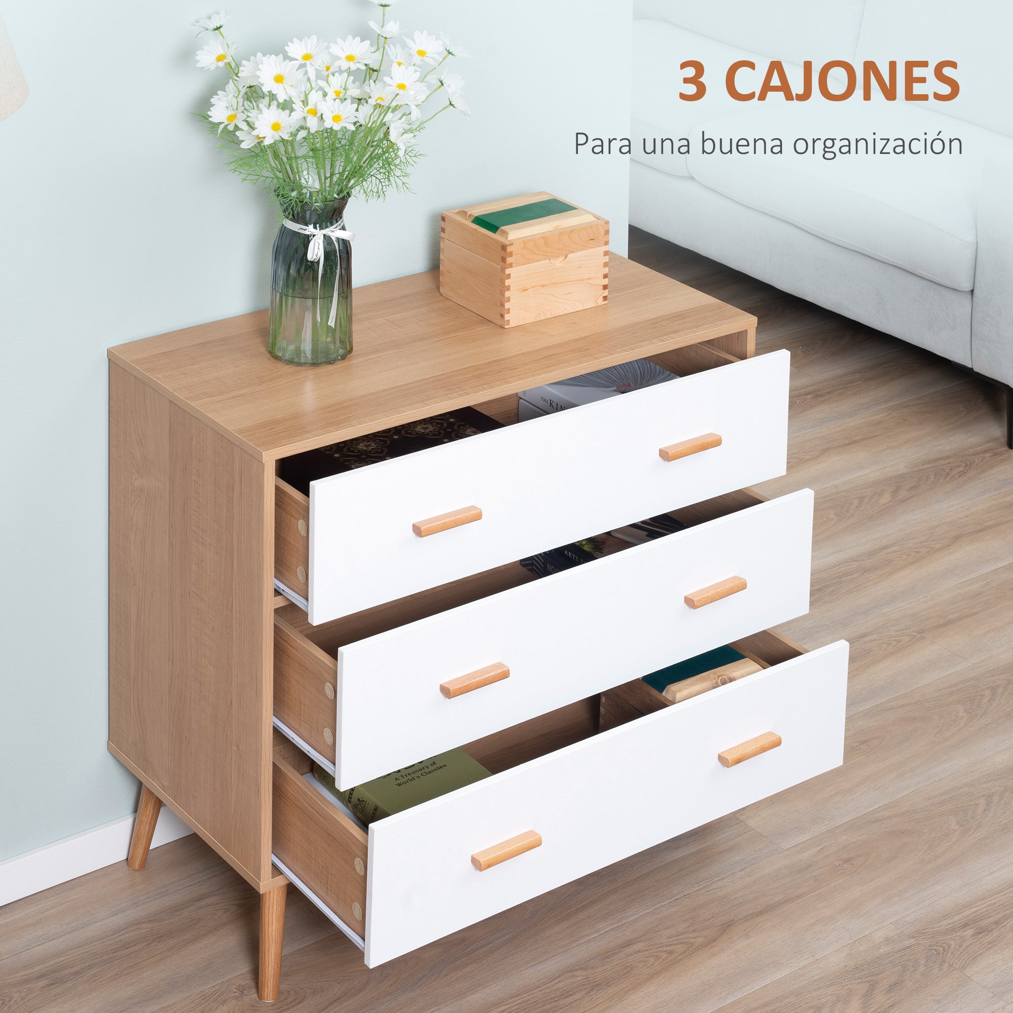 Wooden Chest of Drawers with 3 Drawers Tall Dresser Storage Cabinet Modern with Raised Legs for Bedroom Living Room 80x39x80 cm White and Natural