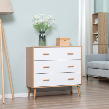 Wooden Chest of Drawers with 3 Drawers Tall Dresser Storage Cabinet Modern with Raised Legs for Bedroom Living Room 80x39x80 cm White and Natural