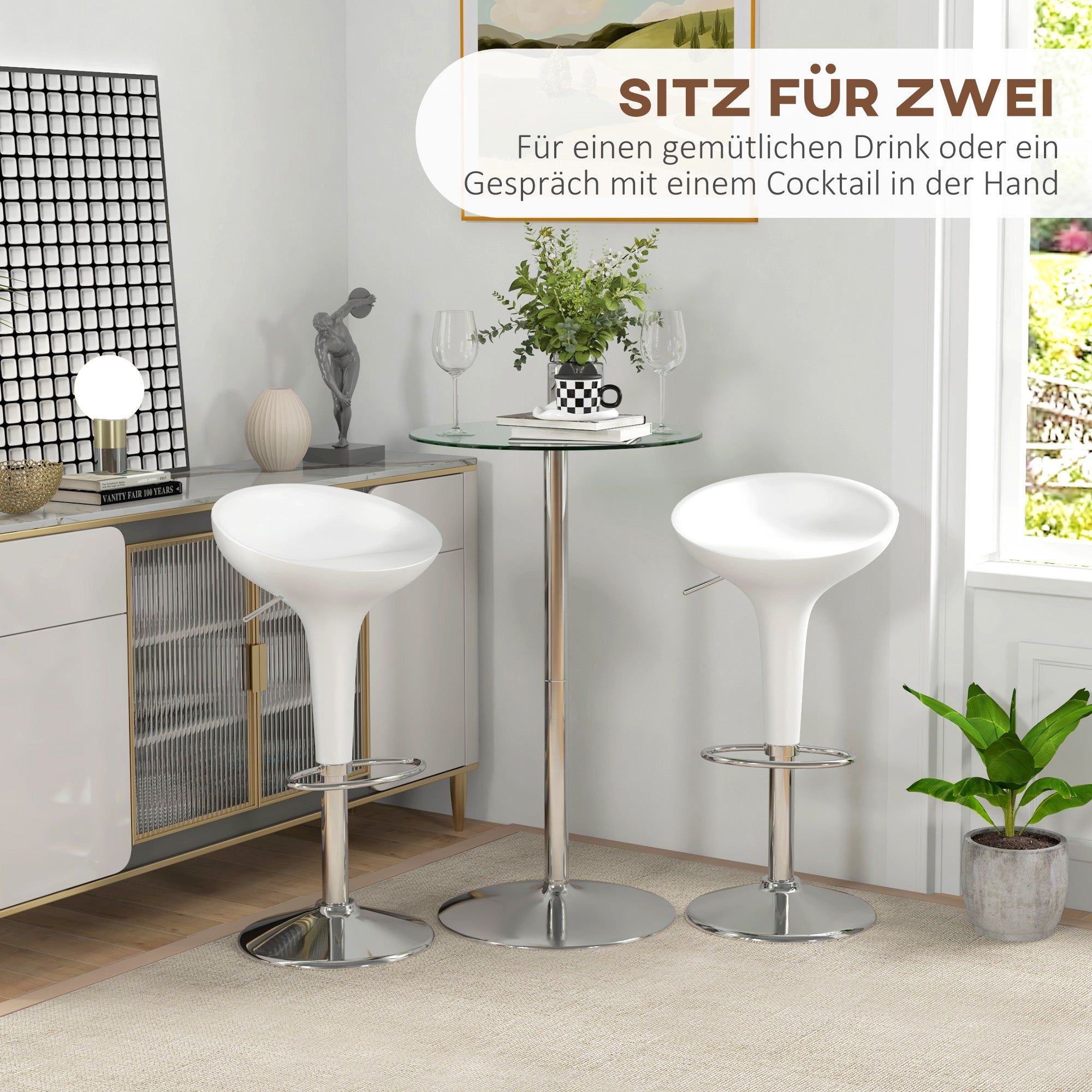 Bar Table Bistro Table Dining Table for 2 People with Tempered Glass Table Top, Kitchen Table for Kitchen, Dining Room, Steel, Transparent, Ø60 x 102 cm