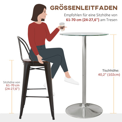 Bar Table Bistro Table Dining Table for 2 People with Tempered Glass Table Top, Kitchen Table for Kitchen, Dining Room, Steel, Transparent, Ø60 x 102 cm