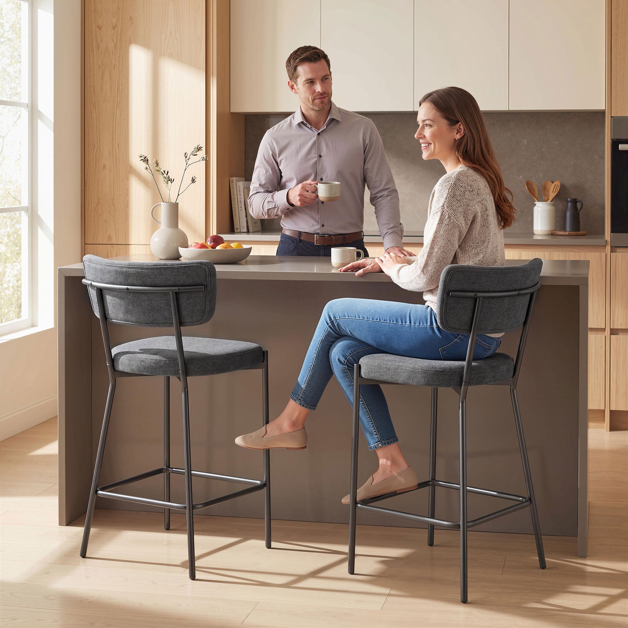 2-Piece Bar Stool Set — Upholstered Curved-Back Counter Stools with Footrest, Metal Frame, Linen-Look, 25" Seat Height, Gray