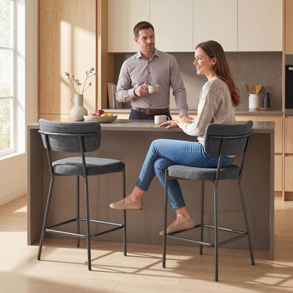 2-Piece Bar Stool Set — Upholstered Curved-Back Counter Stools with Footrest, Metal Frame, Linen-Look, 25" Seat Height, Gray