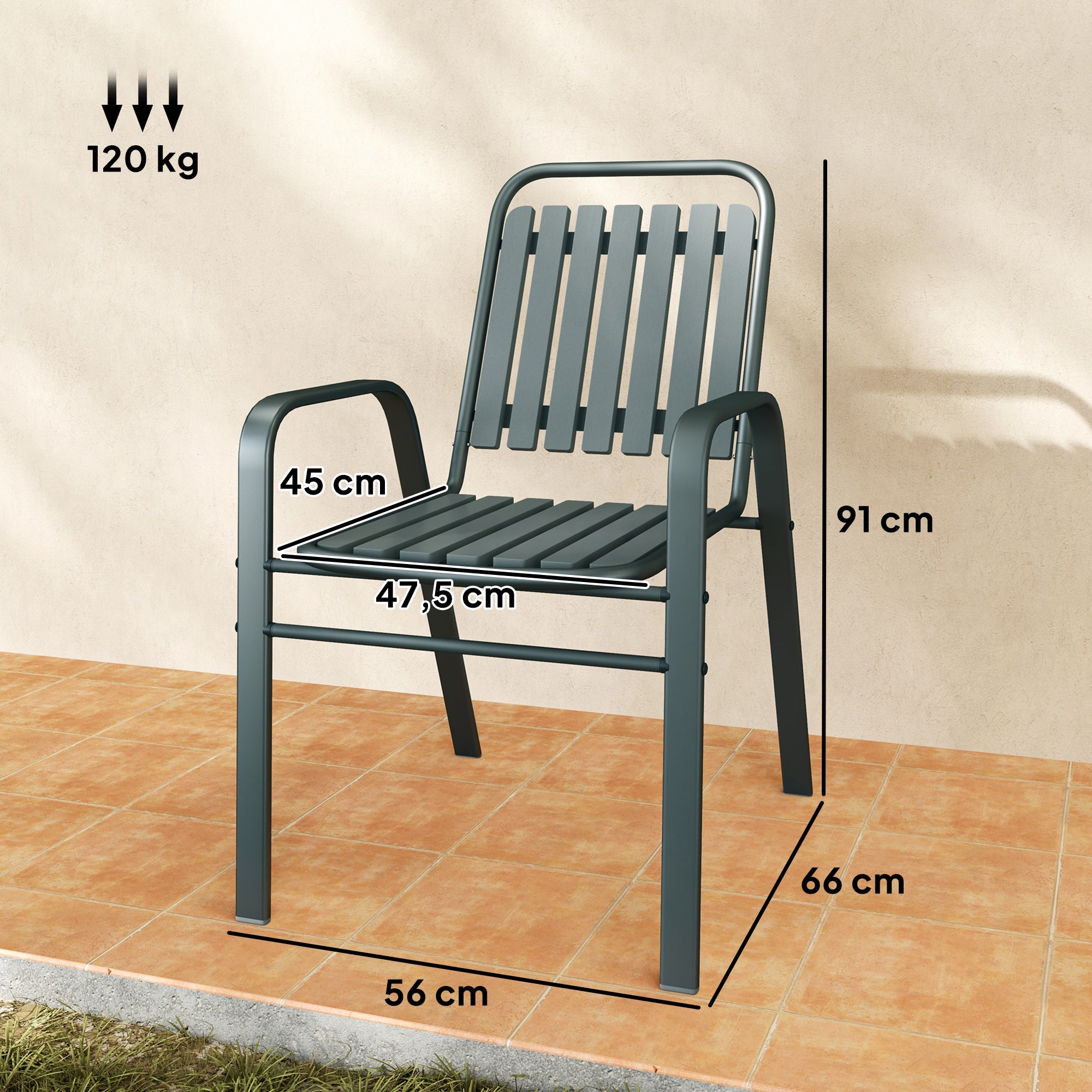 Set of 4 Outdoor Stackable Garden Chairs with High Backrest and Armrests, Steel Frame for Garden, Pool, Terrace, Gray