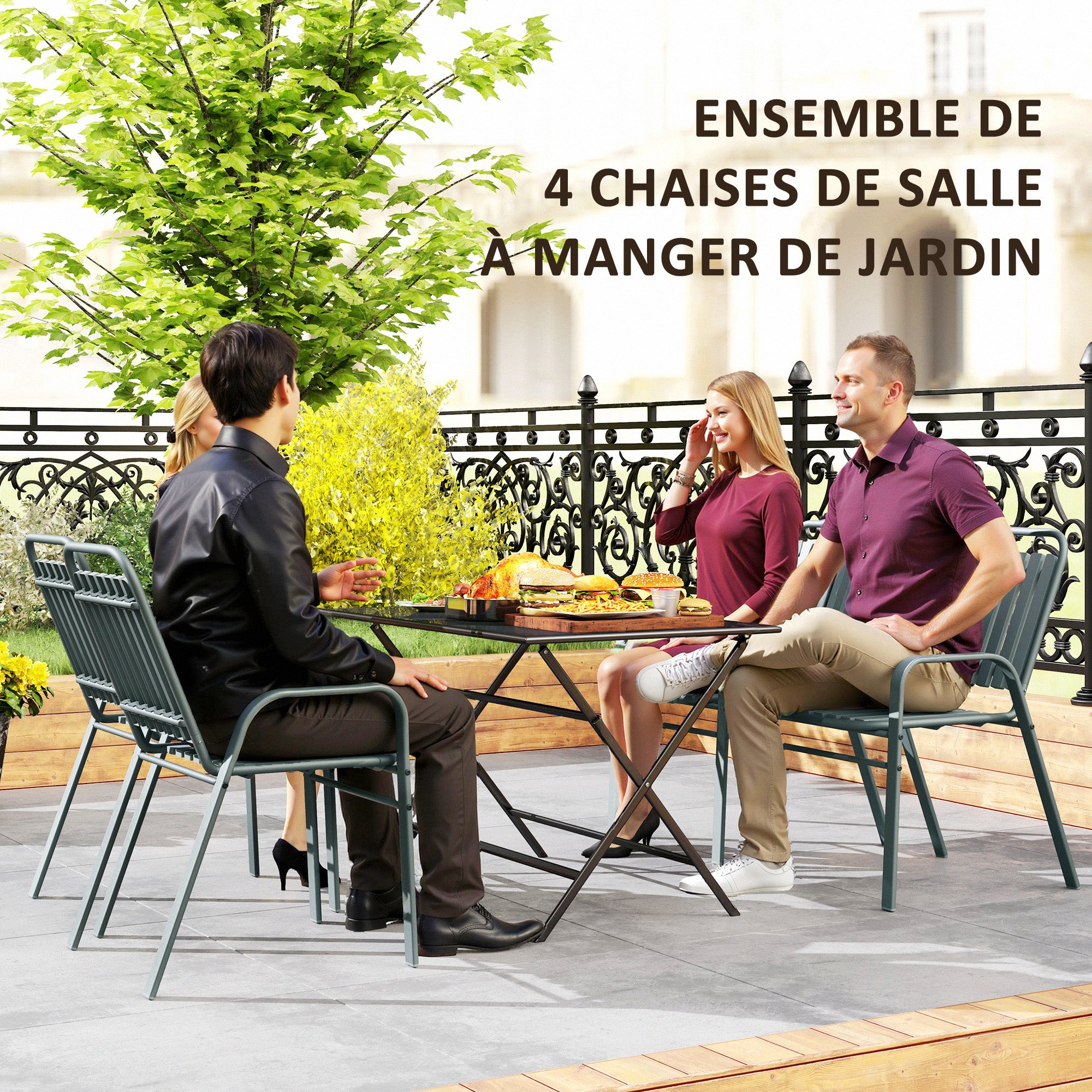 Set of 4 Outdoor Stackable Garden Chairs with High Backrest and Armrests, Steel Frame for Garden, Pool, Terrace, Gray