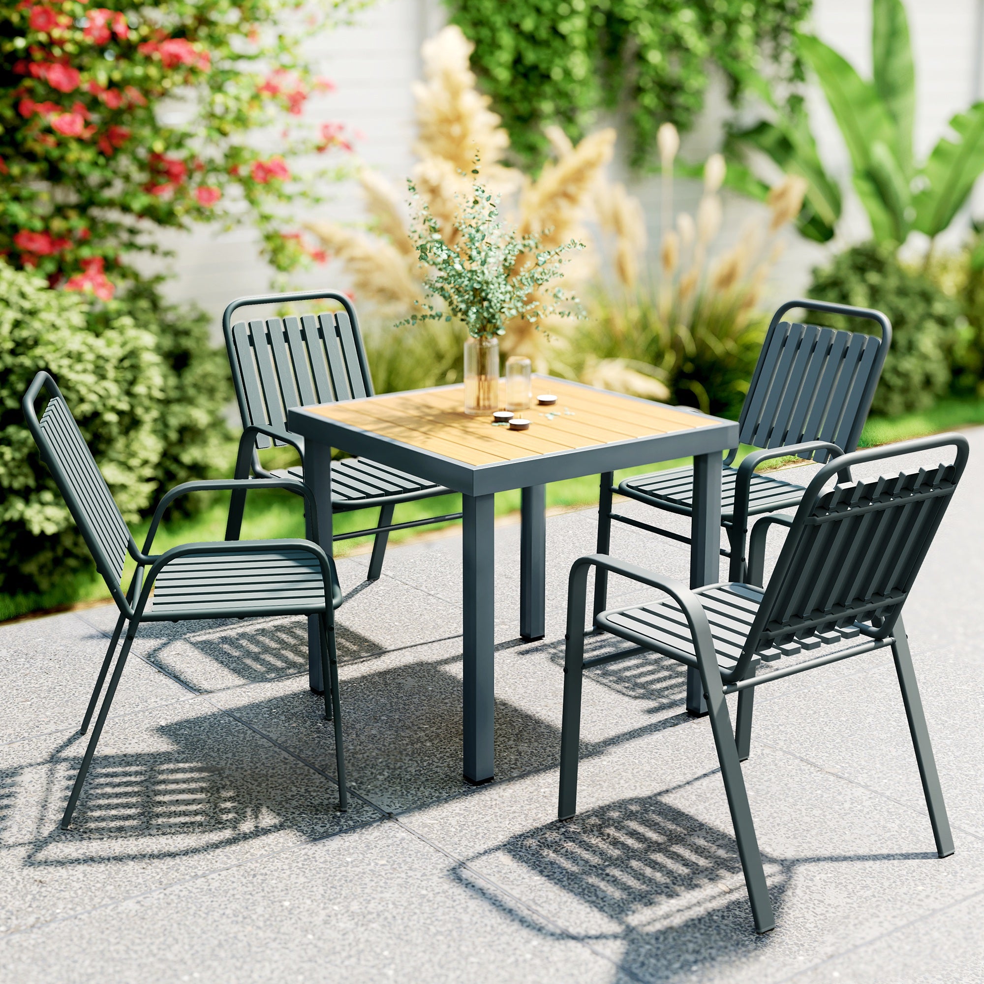 Set of 4 Outdoor Stackable Garden Chairs with High Backrest and Armrests, Steel Frame for Garden, Pool, Terrace, Gray