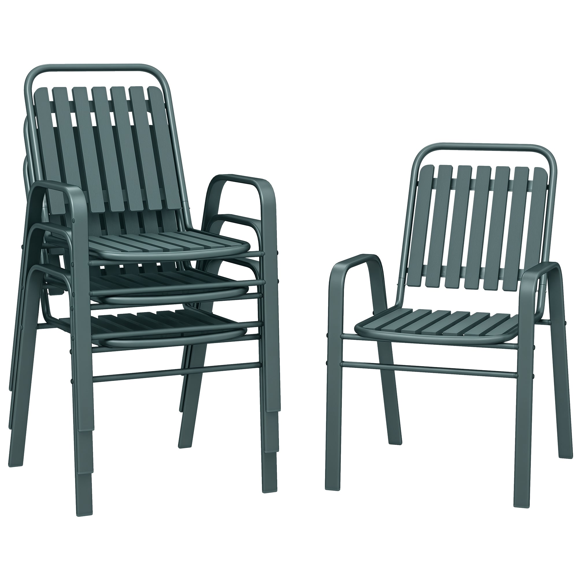 Set of 4 Outdoor Stackable Garden Chairs with High Backrest and Armrests, Steel Frame for Garden, Pool, Terrace, Gray