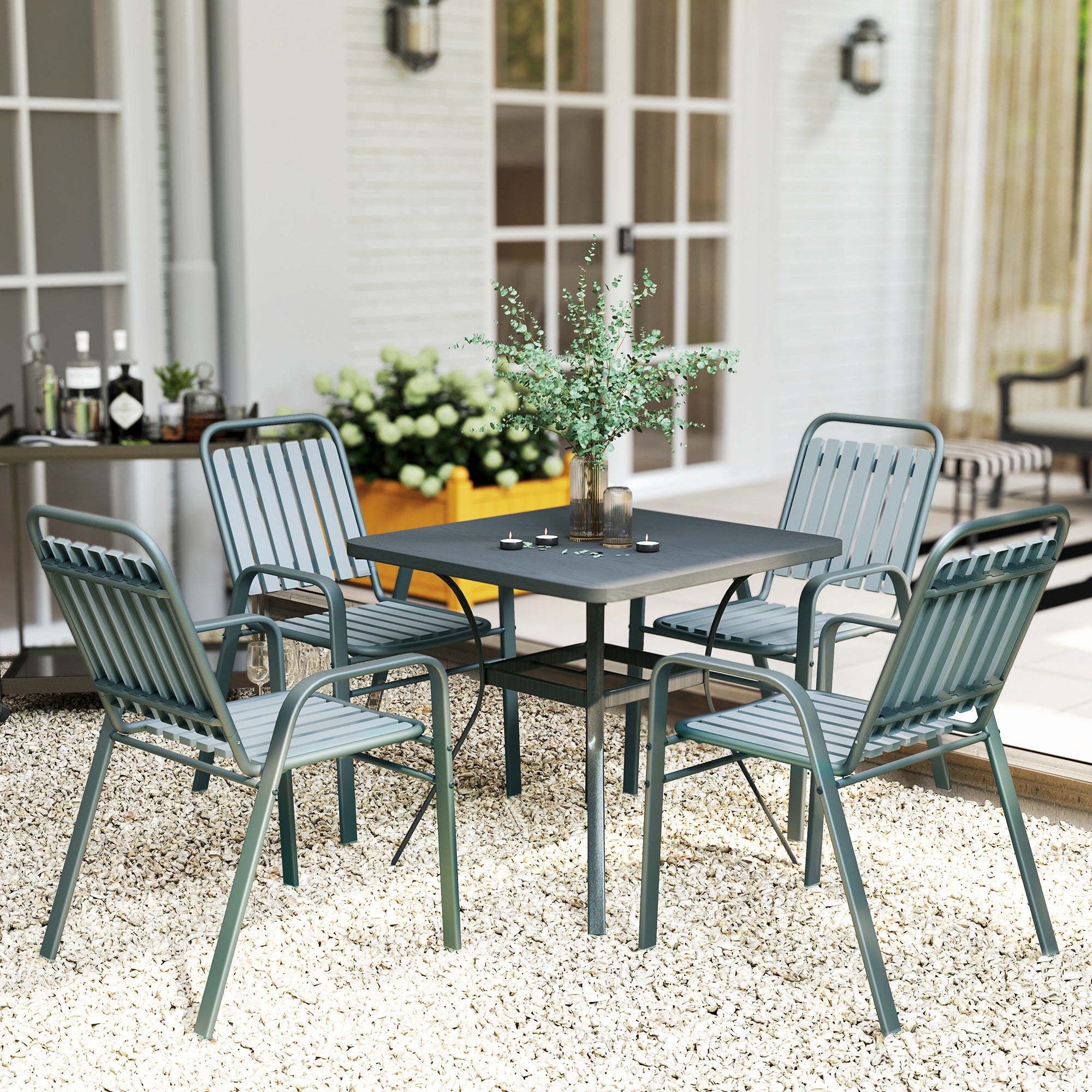 Set of 4 Outdoor Stackable Garden Chairs with High Backrest and Armrests, Steel Frame for Garden, Pool, Terrace, Gray