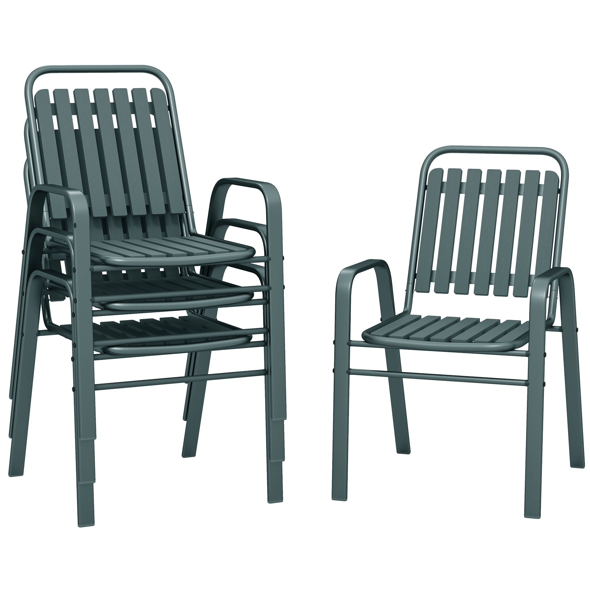 Set of 4 Outdoor Stackable Garden Chairs with High Backrest and Armrests, Steel Frame for Garden, Pool, Terrace, Gray