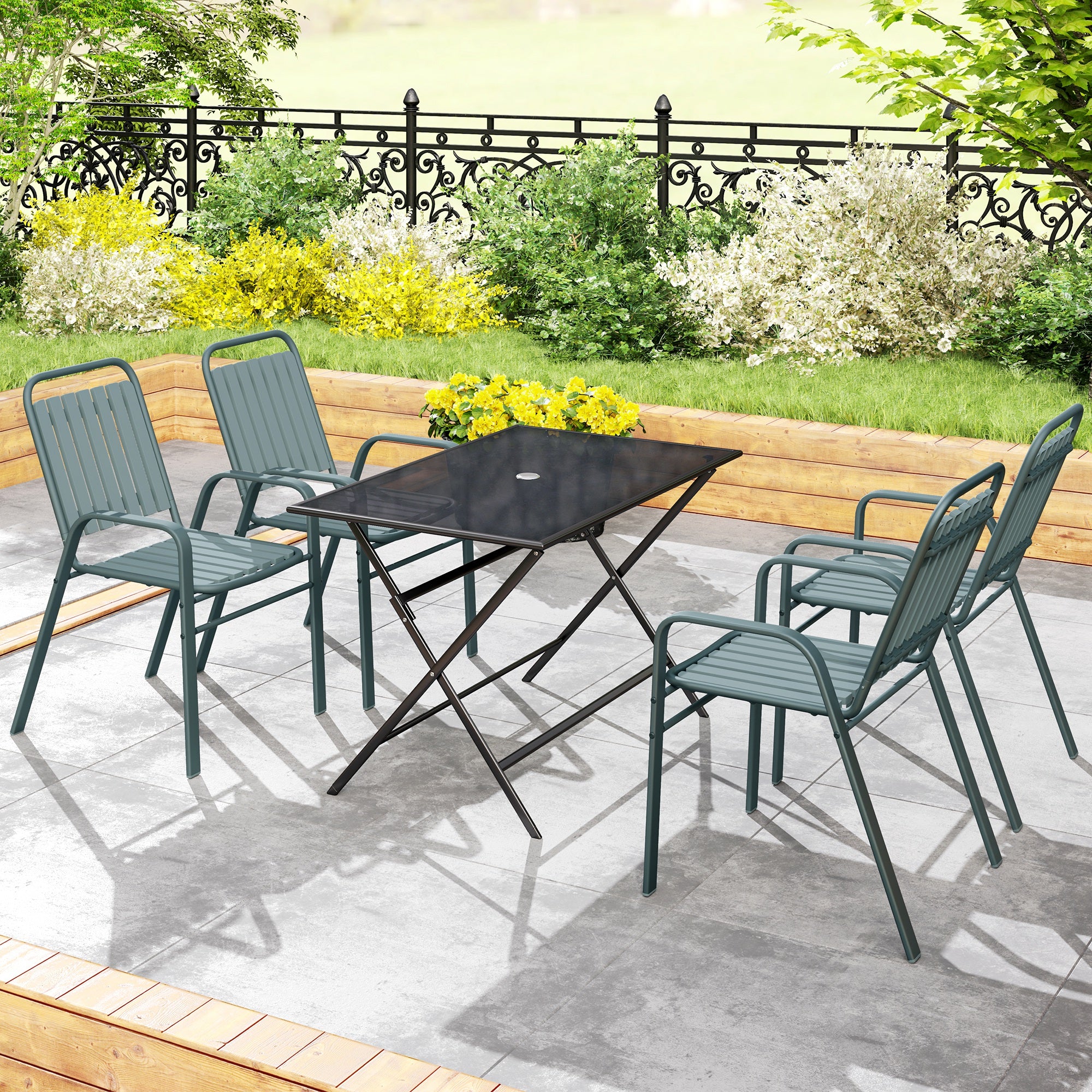 Set of 4 Outdoor Stackable Garden Chairs with High Backrest and Armrests, Steel Frame for Garden, Pool, Terrace, Gray