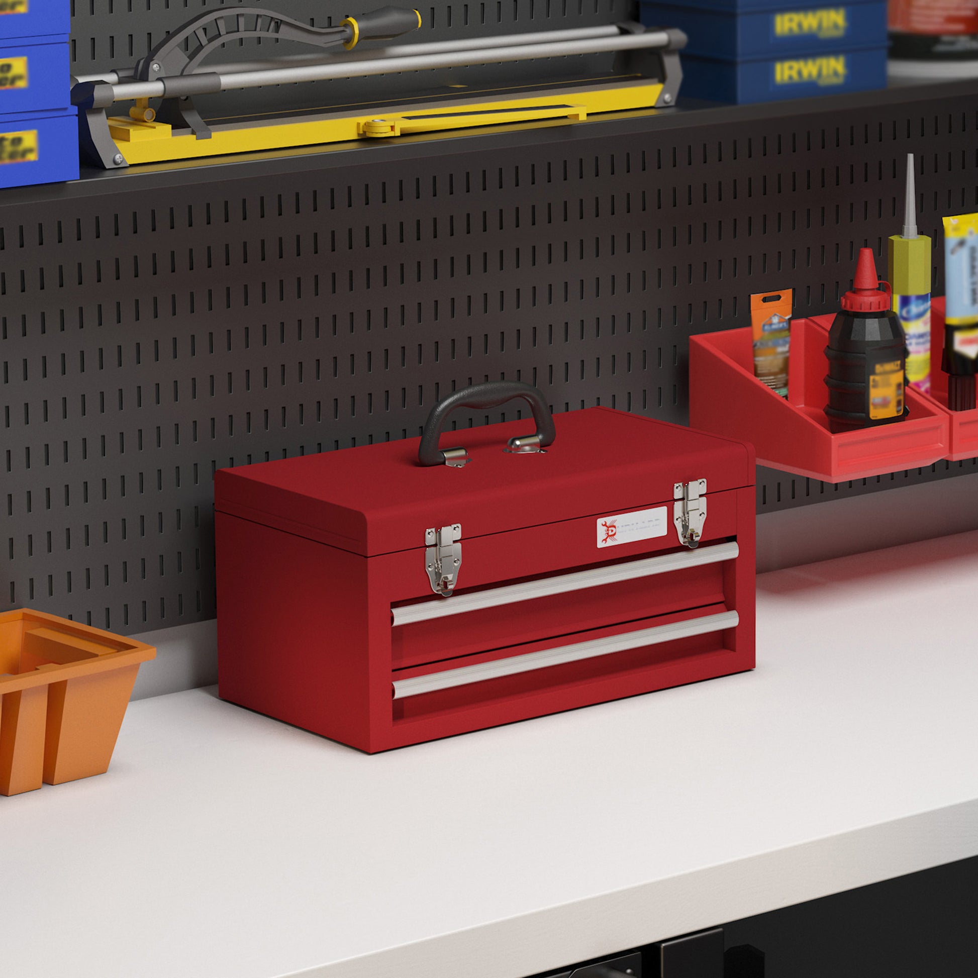 Empty Tool Case, 46 x 24 x 22 cm Tool Box with 2 Drawers, Upper Storage Compartment, Handle, Tool Chest with 2 Locks, Made of Steel, Red