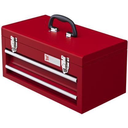 Empty Tool Case, 46 x 24 x 22 cm Tool Box with 2 Drawers, Upper Storage Compartment, Handle, Tool Chest with 2 Locks, Made of Steel, Red