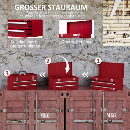 Empty Tool Case, 46 x 24 x 22 cm Tool Box with 2 Drawers, Upper Storage Compartment, Handle, Tool Chest with 2 Locks, Made of Steel, Red