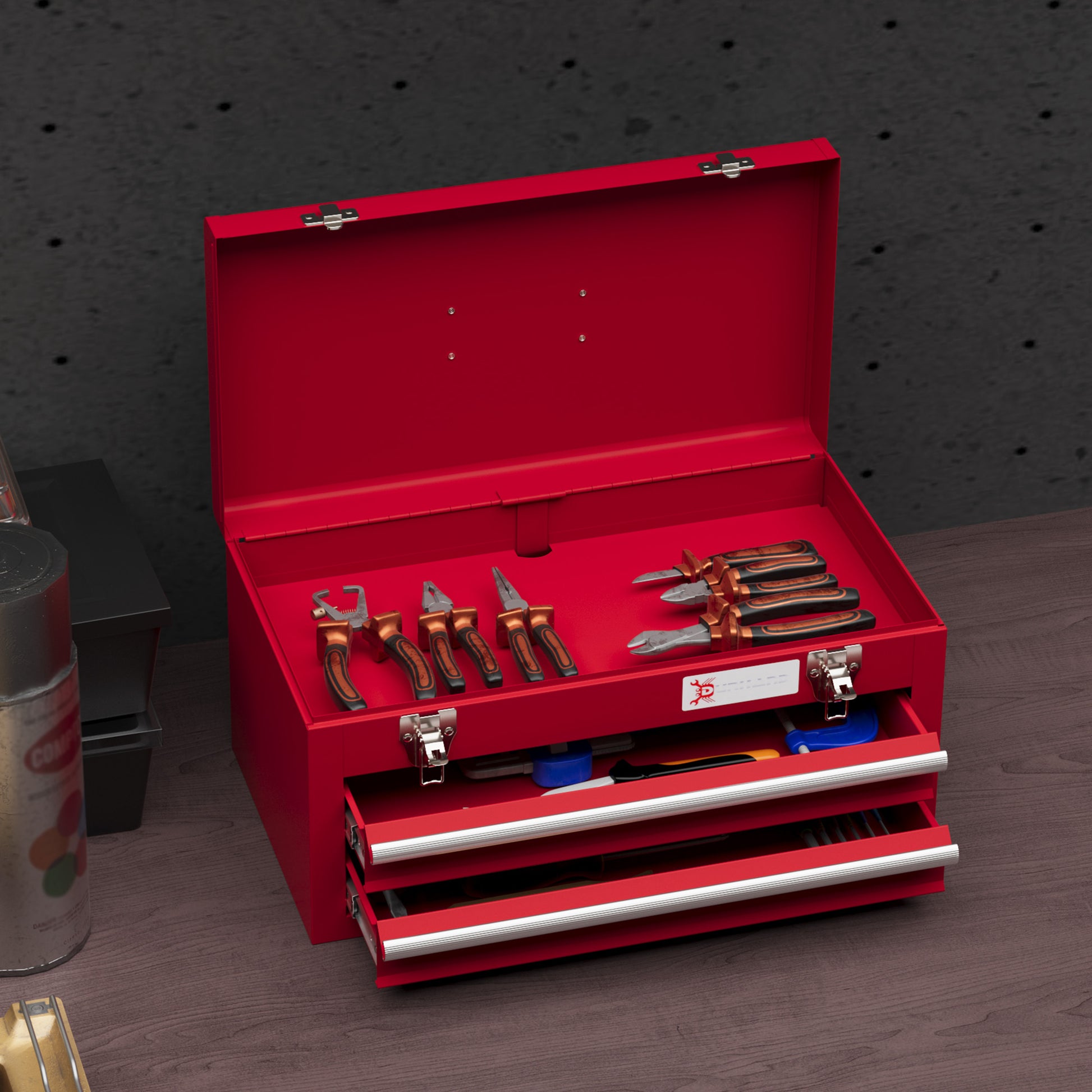 Empty Tool Case, 46 x 24 x 22 cm Tool Box with 2 Drawers, Upper Storage Compartment, Handle, Tool Chest with 2 Locks, Made of Steel, Red