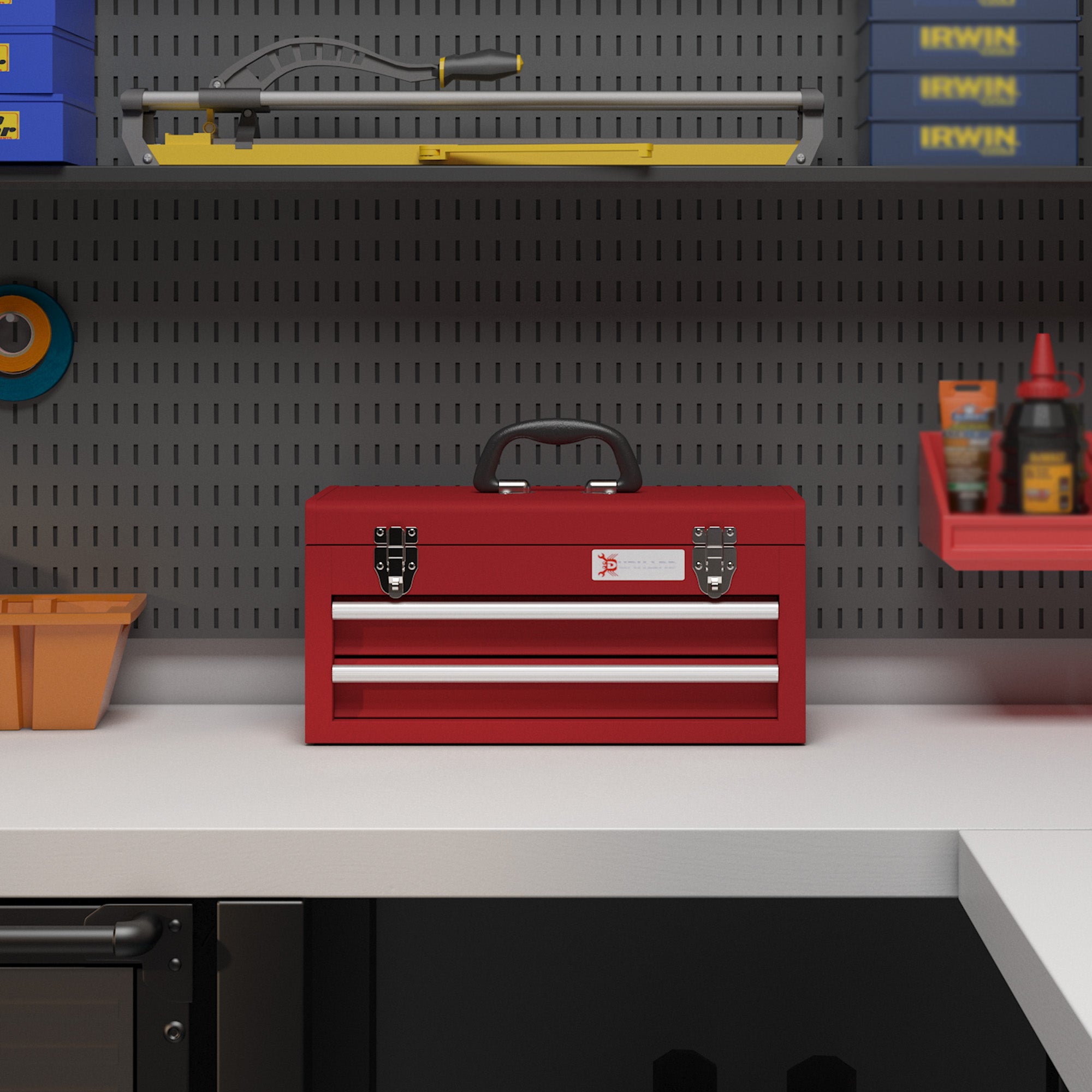 Empty Tool Case, 46 x 24 x 22 cm Tool Box with 2 Drawers, Upper Storage Compartment, Handle, Tool Chest with 2 Locks, Made of Steel, Red